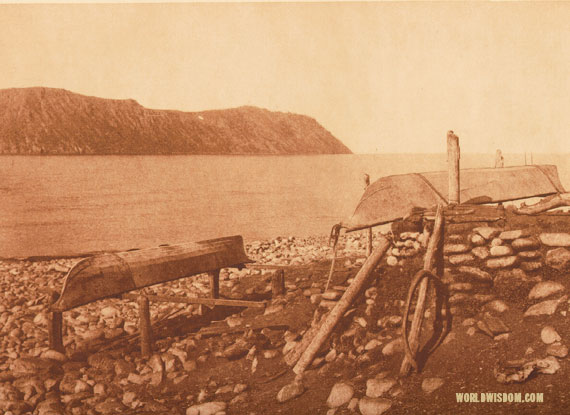 "Walrus boats, Big Diomede in distance" - Eskimo of Little Diomede Island, by Edward S. Curtis from The North American Indian Volume 20
